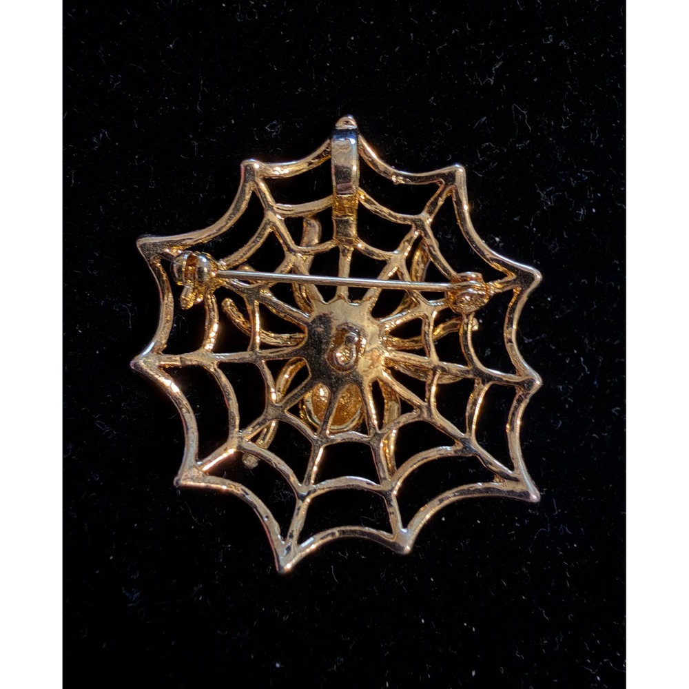 Vintage Halloween Jewelry Pin Pendant spider on Web Gold Tone Rhinestone - Picture 2 of 3
